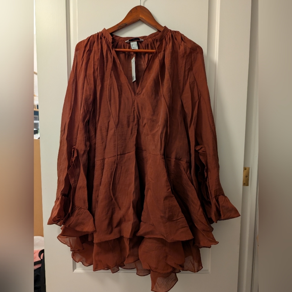 NWT H&M Flounced Ruffle Mini Dress In Rust - Picture 6 of 7